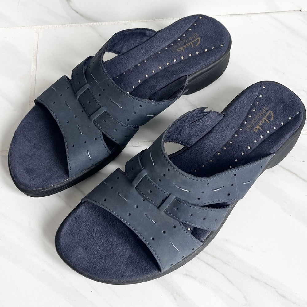 Clarks Springers Slide Sandals Women's Blue Suede Leather Comfort Size 7.5 W